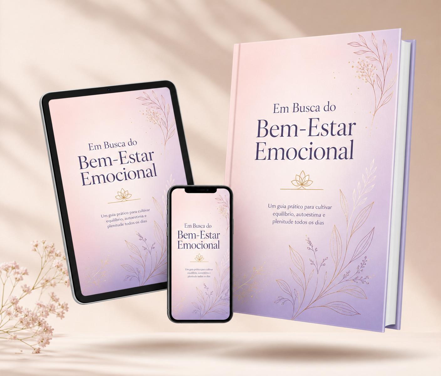 Mockup do ebook Em Busca do Bem-Estar Emocional em livro, tablet e celular