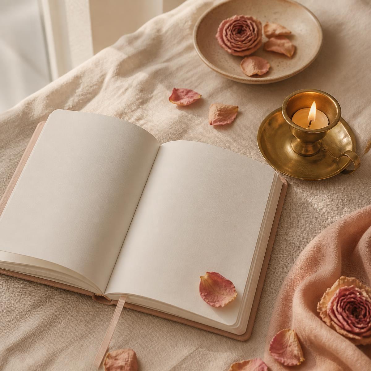 Caderno aberto ao lado de pétalas de rosas e vela dourada